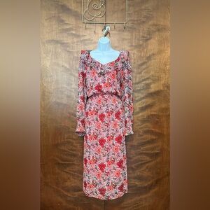 Tommy Hilfiger Long Sleeve Ruffle Midi Dress Womens Plus 18W Red & Pink Chiffon